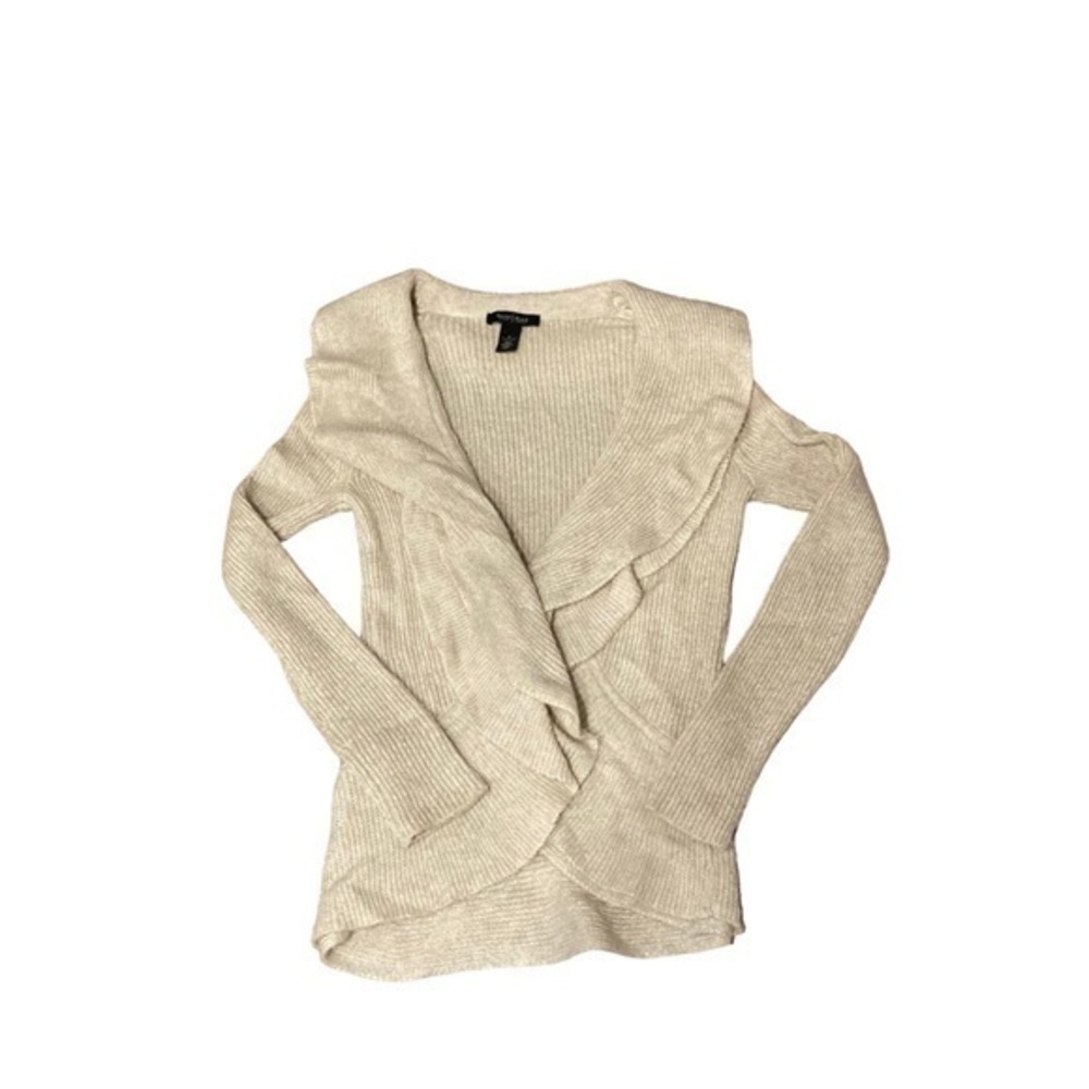 White House black marke metallic cream ruffled open cardigan sweater wool blend